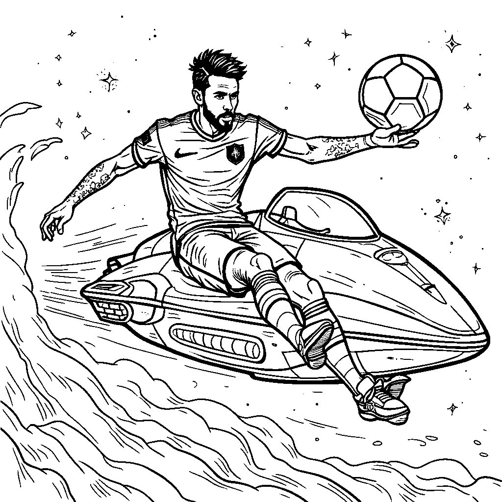 Neymar in a futuristic spaceship, launching soccer balls into space