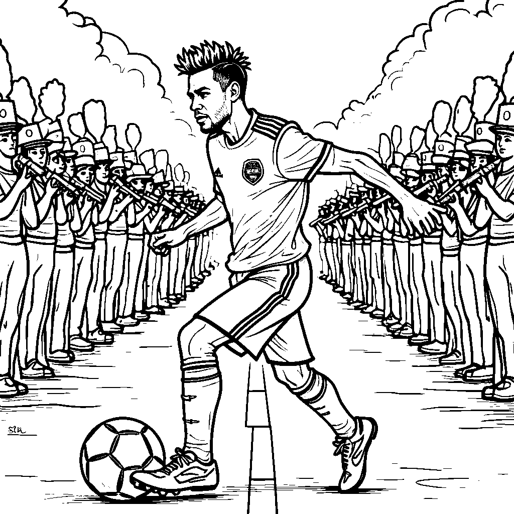 Neymar leading a marching band while dribbling a soccer ball