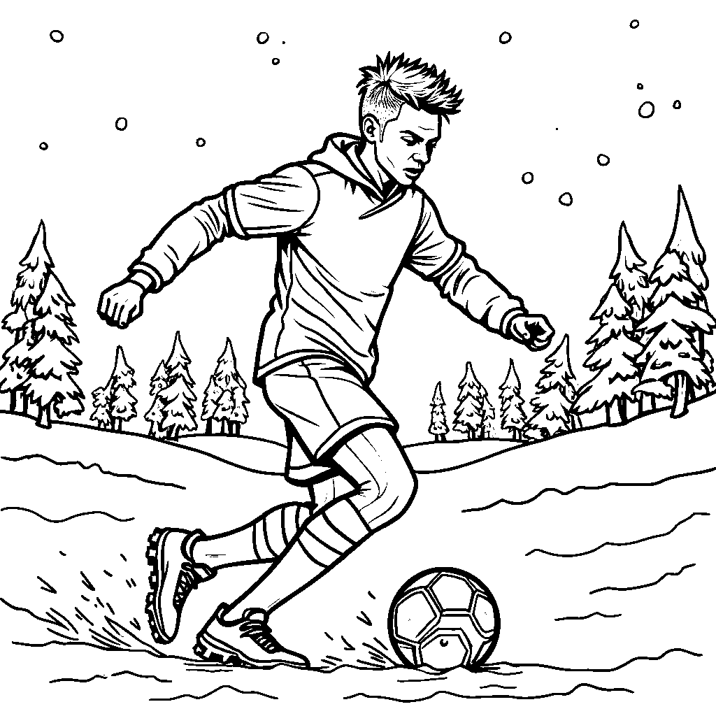 Neymar playing in a winter wonderland, kicking a snow soccer ball