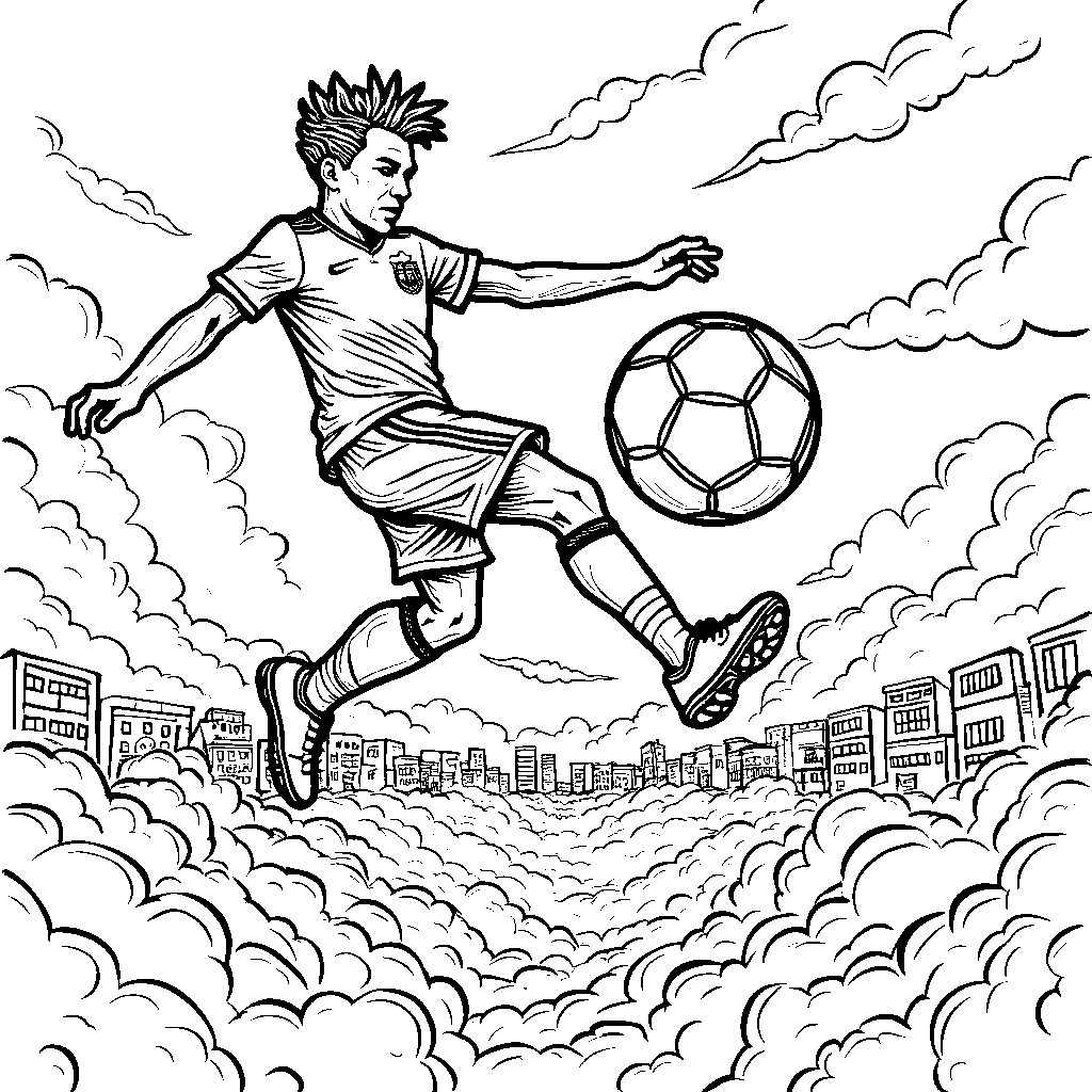 Neymar riding a magical flying soccer ball through the sky