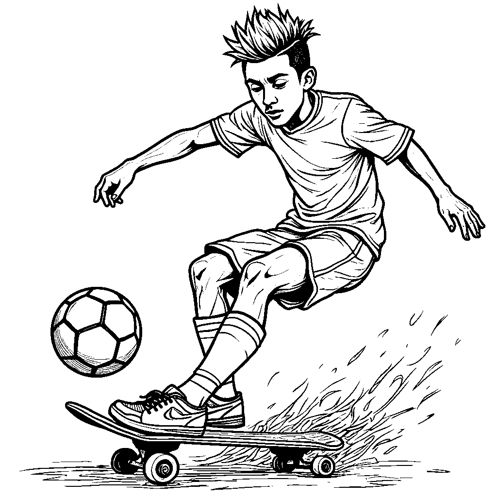 Neymar riding a skateboard with a soccer ball at his feet