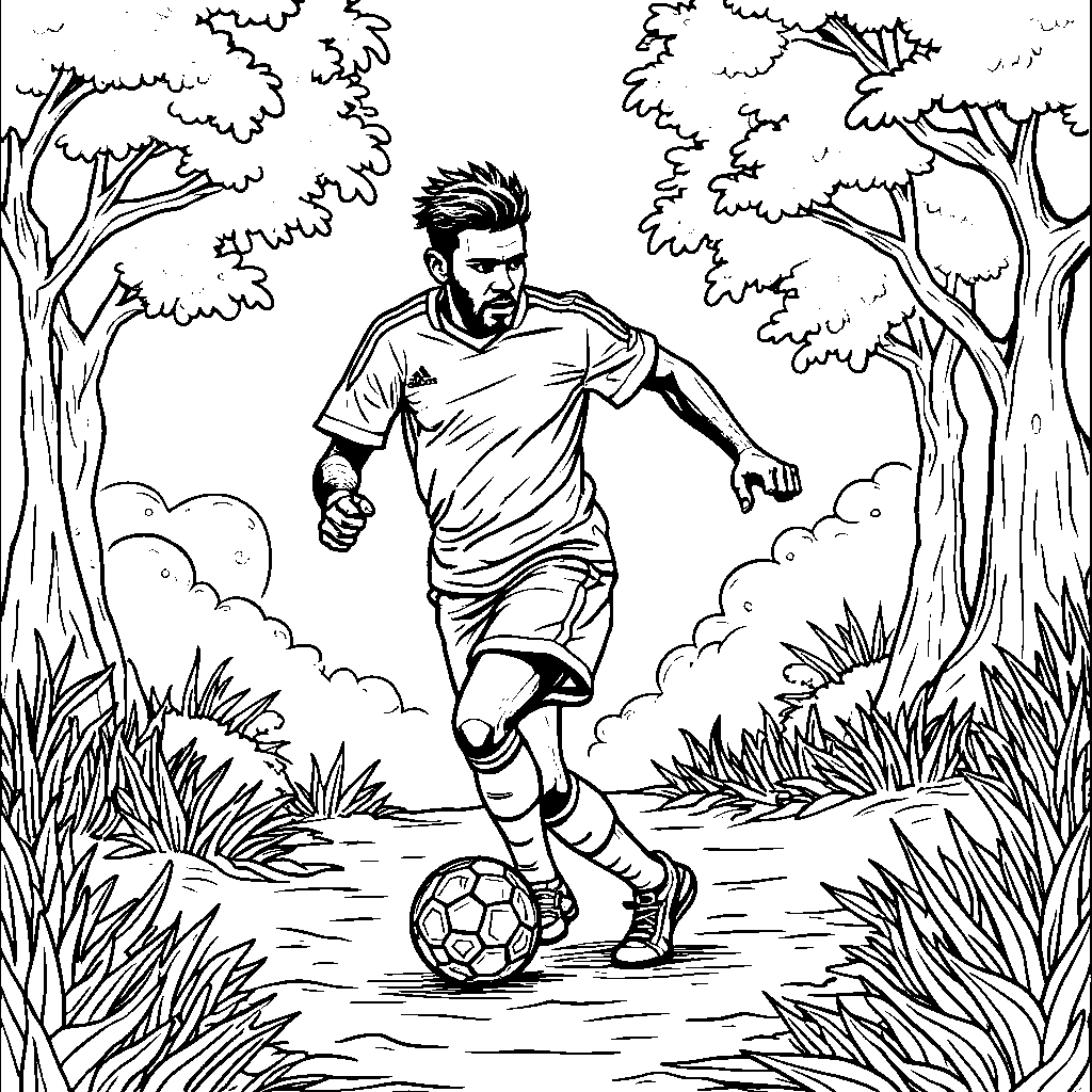 Neymar running through a magical forest with a sparkling soccer ball