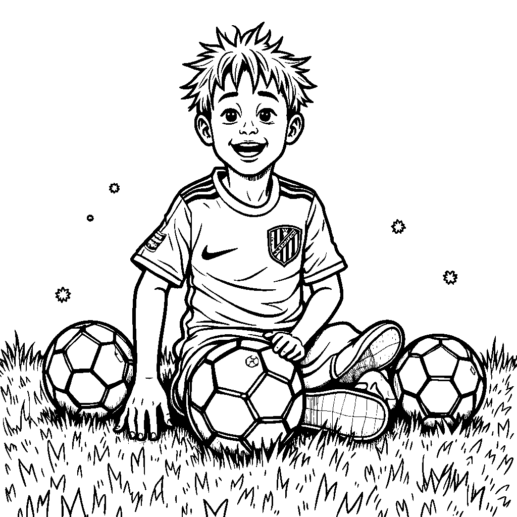 Neymar sitting on a grassy field, surrounded by colorful soccer balls