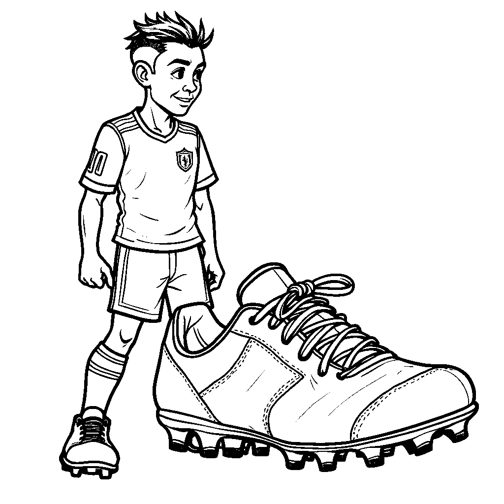 Neymar standing next to a giant soccer shoe that he just laced up