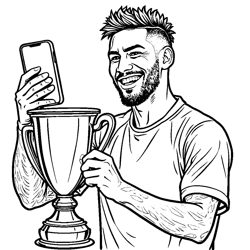 Neymar taking a selfie with his soccer trophy