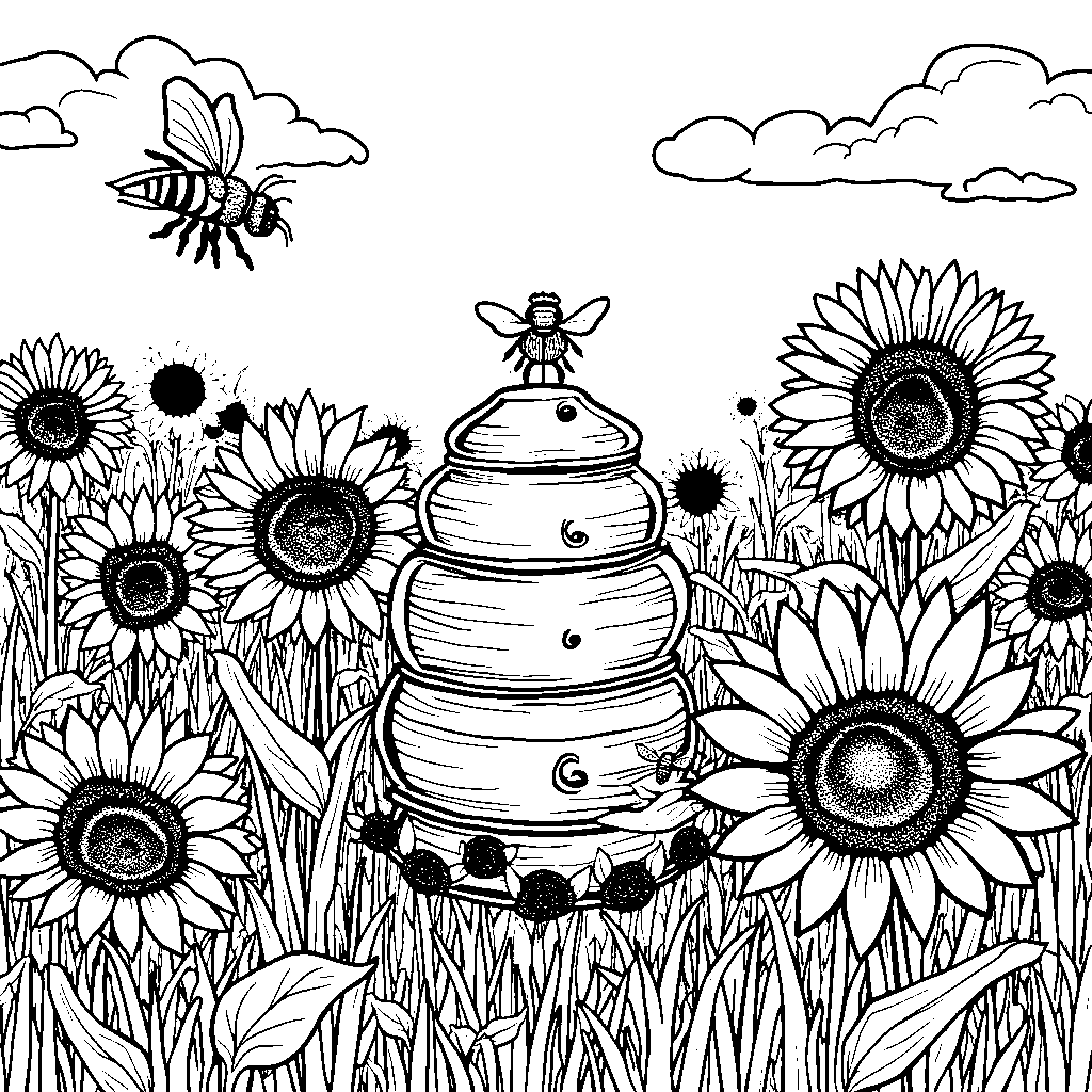 A busy beehive in a sunflower field