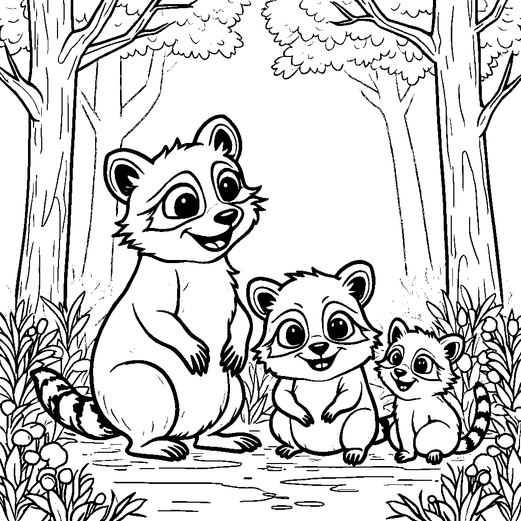 A happy family of raccoons in the woods