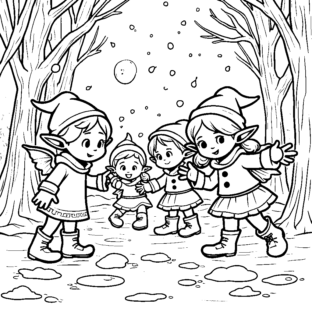 A Group of Elves Having a Snowball Fight