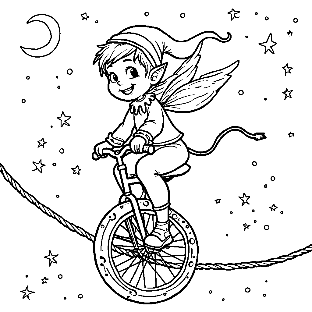 A Happy Elf Riding a Unicycle on a Tightrope