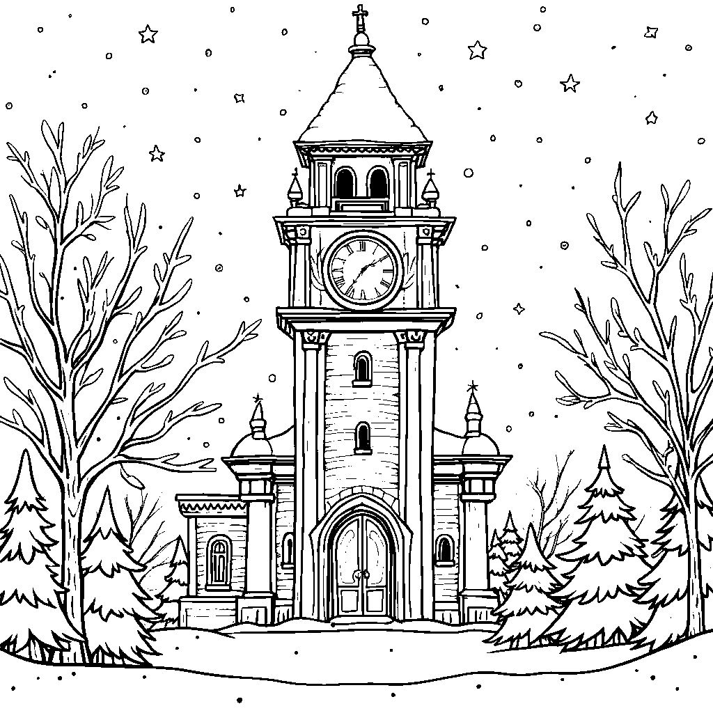 A North Pole Clock Tower with a Big Bell Ringing