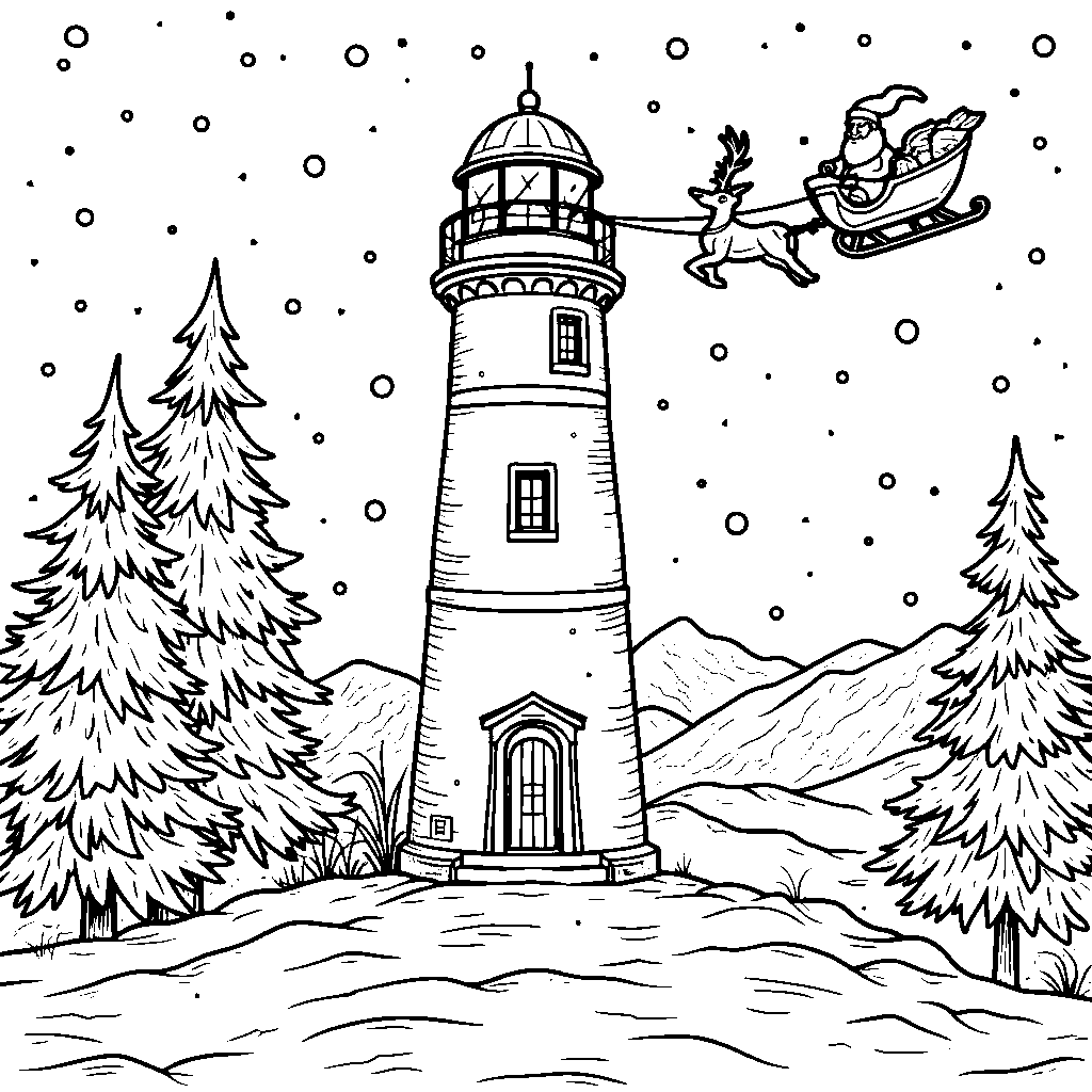 A North Pole Lighthouse Guiding Santa's Sleigh Through the Night