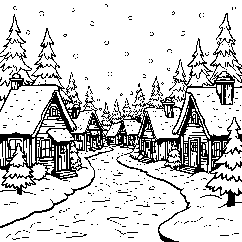 A North Pole Village with Tiny Houses and Snow-Covered Roofs