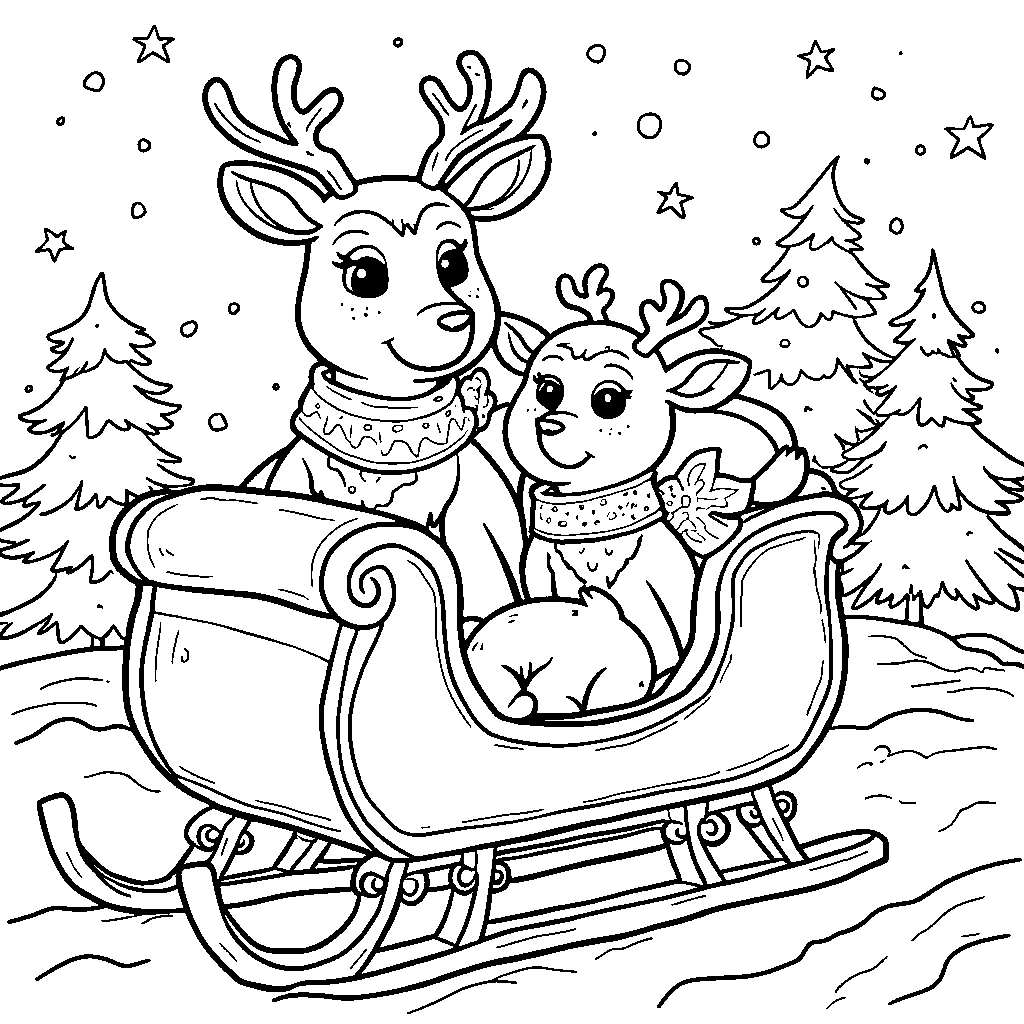 A Reindeer Family Enjoying a Sleigh Ride Together