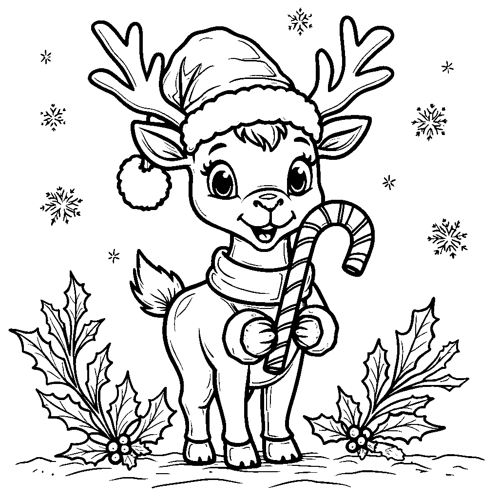 A Reindeer Wearing a Santa Hat and Holding a Candy Cane