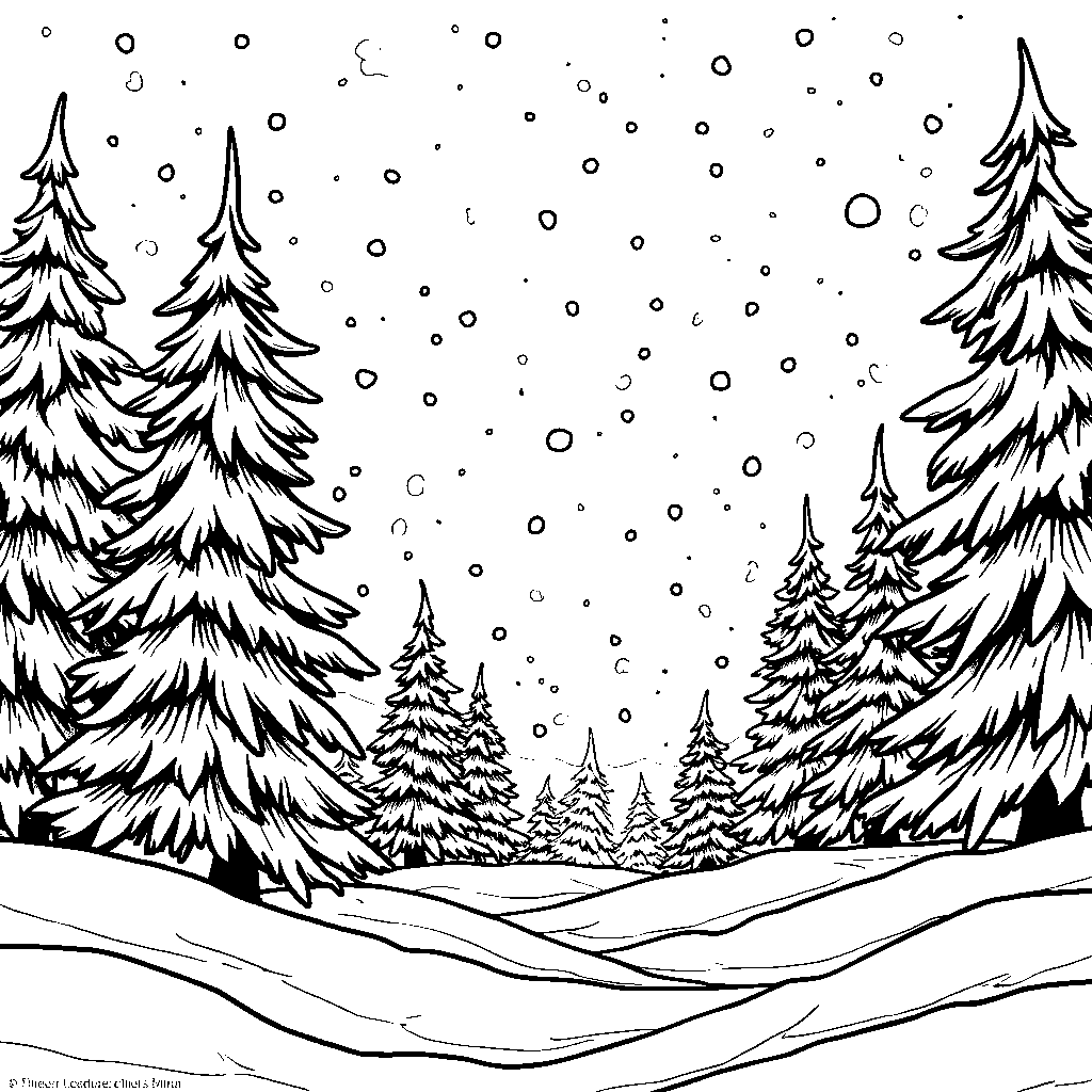 A Snowy North Pole Landscape with Pine Trees and Snowflakes