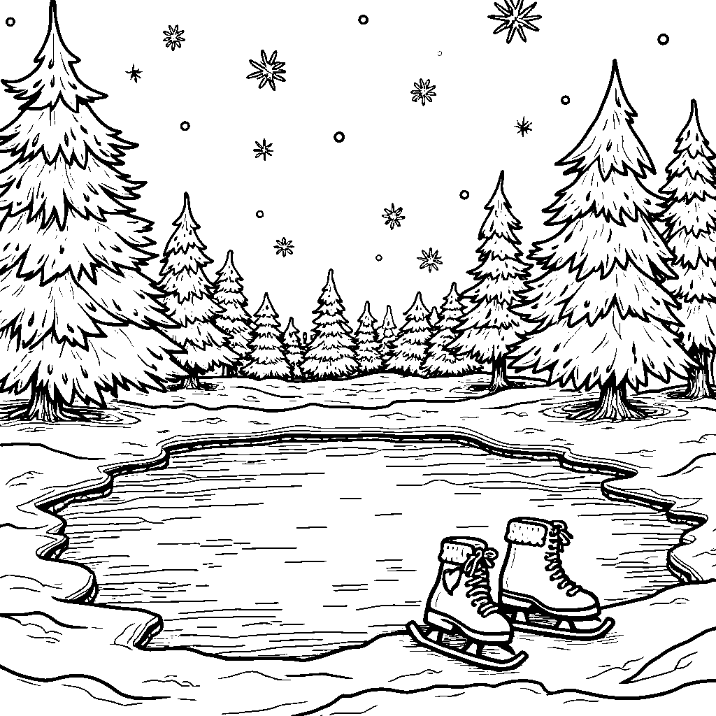 A Snowy North Pole Scene with a Frozen Pond and Ice Skates