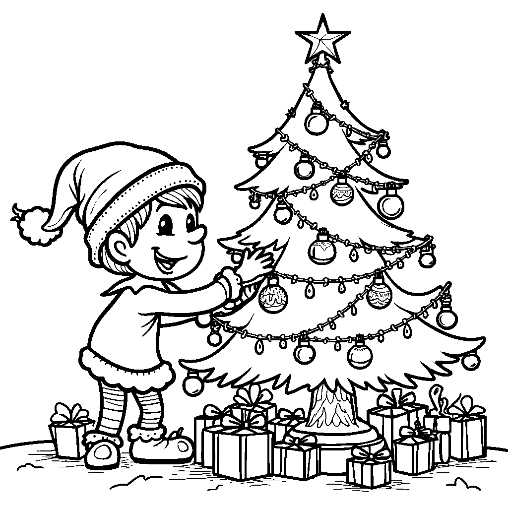 An Elf Decorating a Christmas Tree with Ornaments and Lights