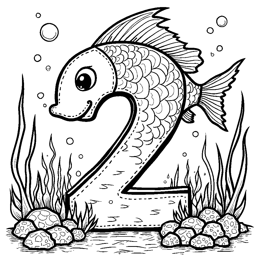 Number 2 as a happy fish swimming in a colorful ocean