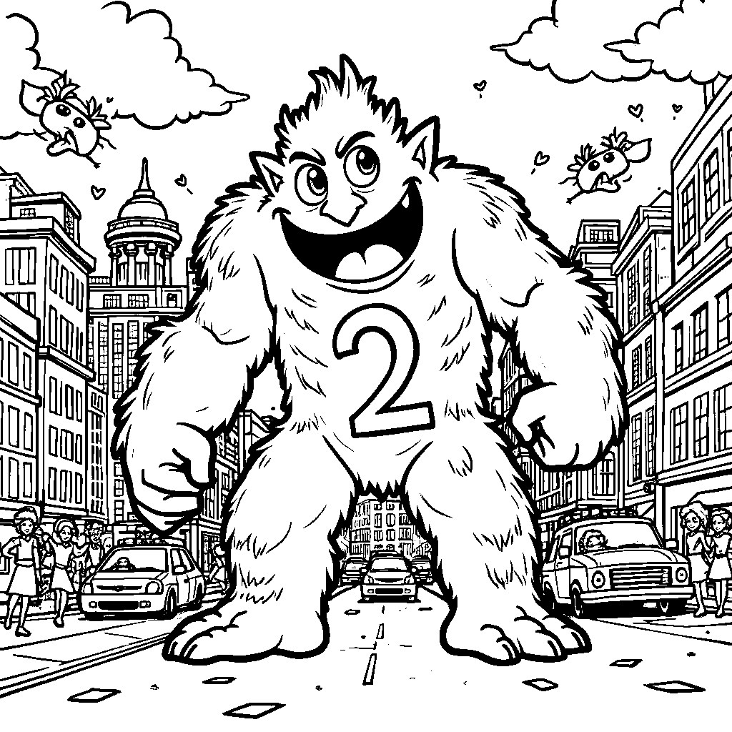 Number 2 as a happy monster stomping through the city