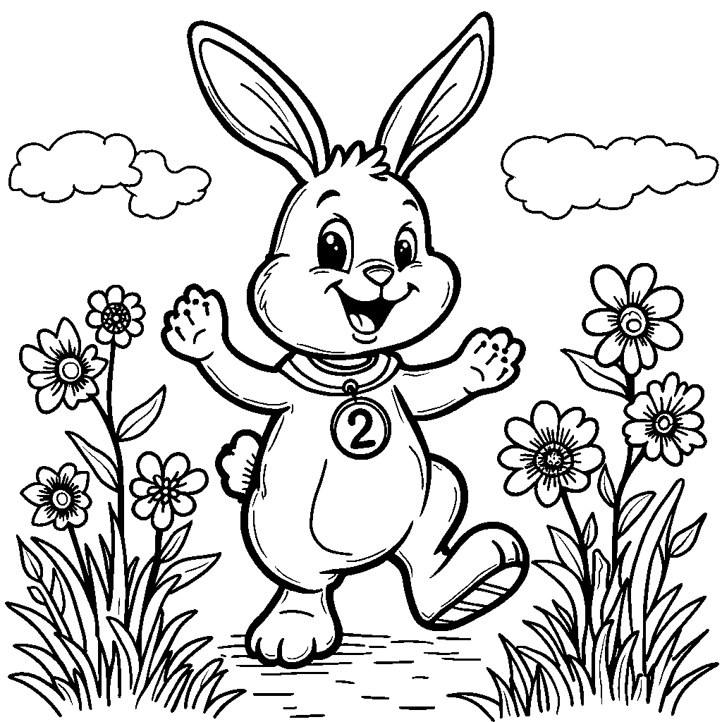 Number 2 as a happy rabbit hopping through a field of flowers