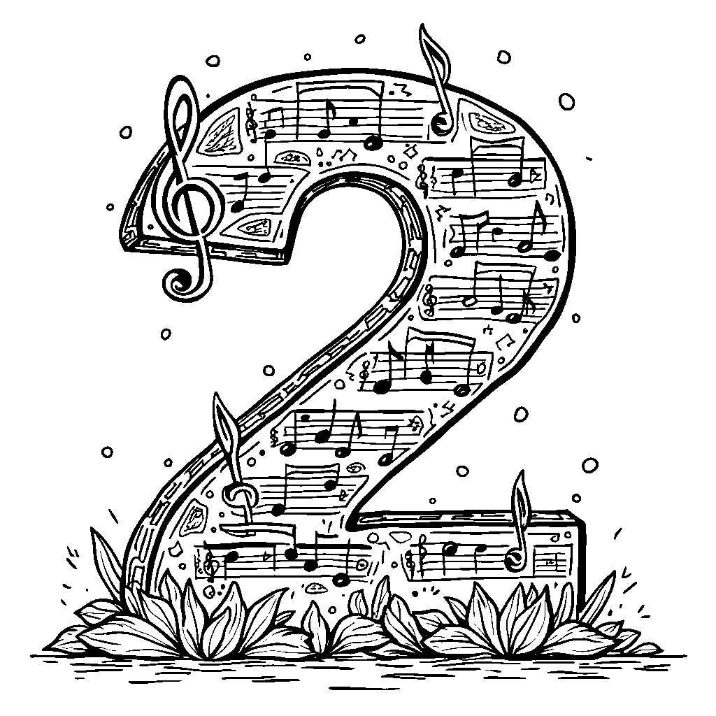 A number 2 made out of musical notes with a fun rhythm background