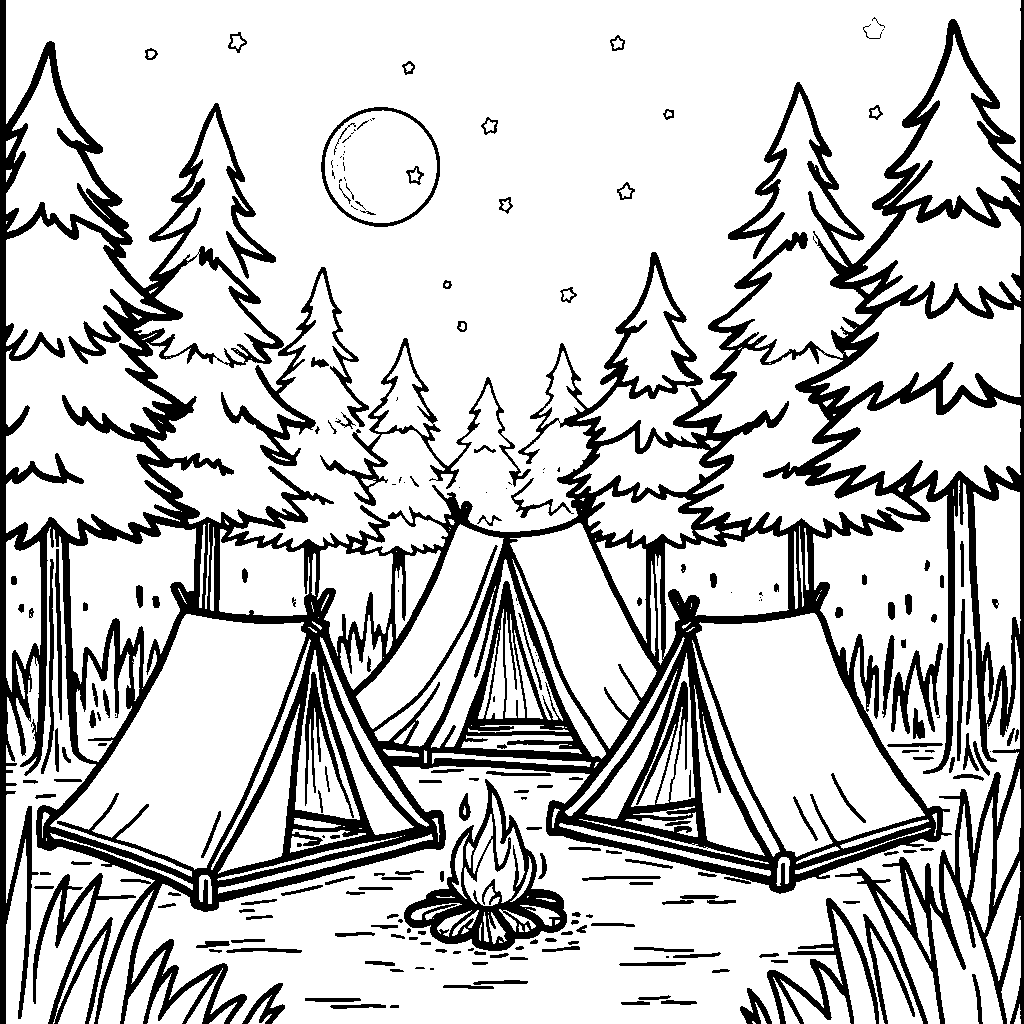 A camping scene with three tents in a forest.