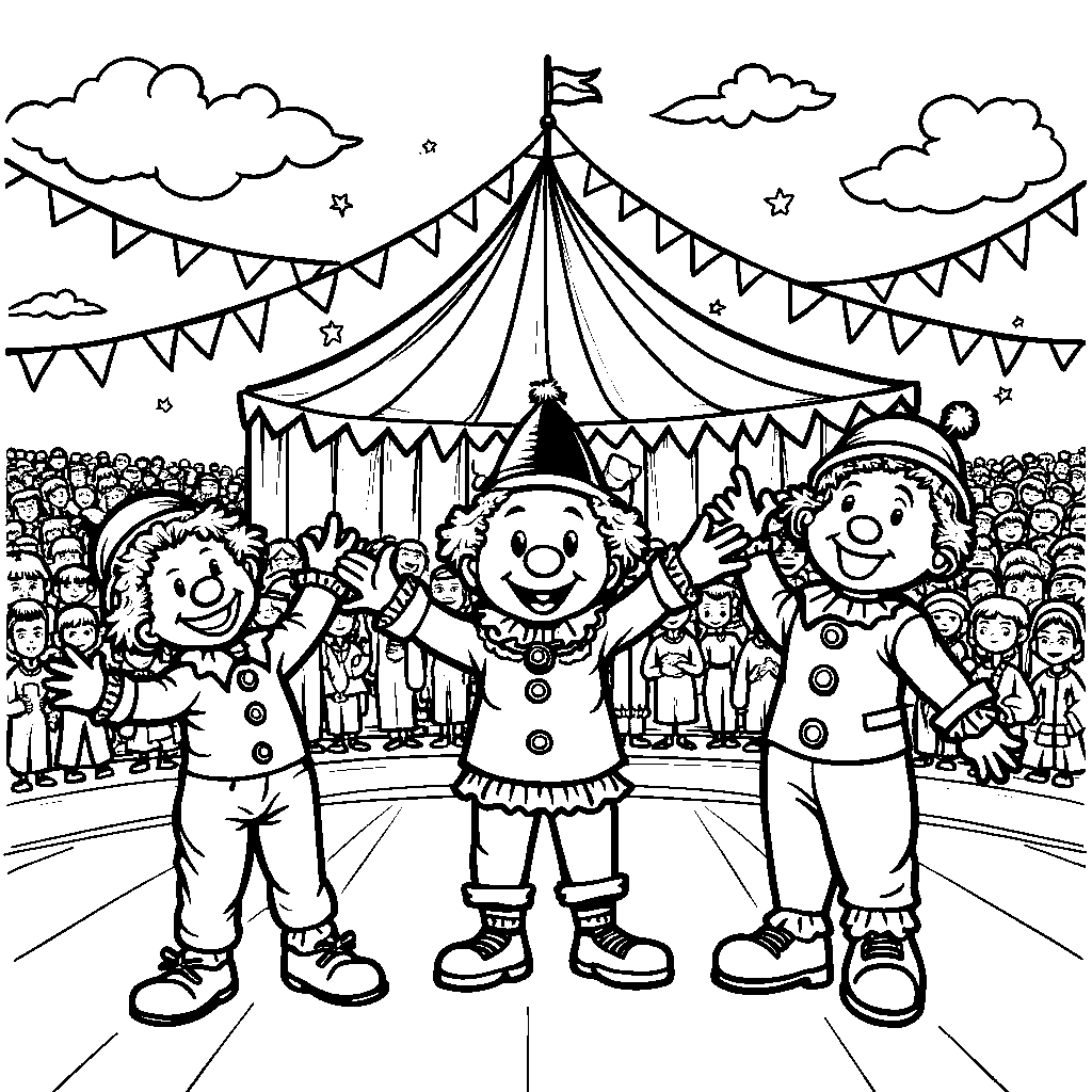 A circus scene with three playful clowns