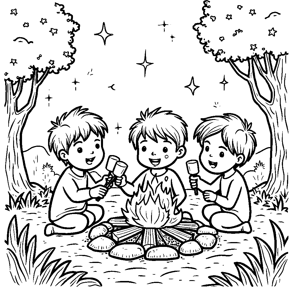 A cozy campfire scene with three kids roasting marshmallows