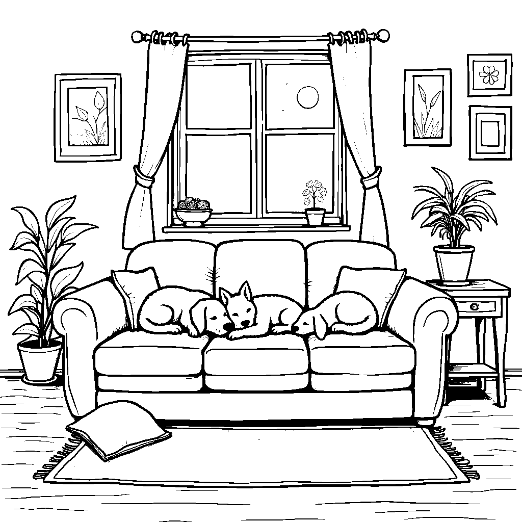 A cozy living room with three pets napping on a couch.