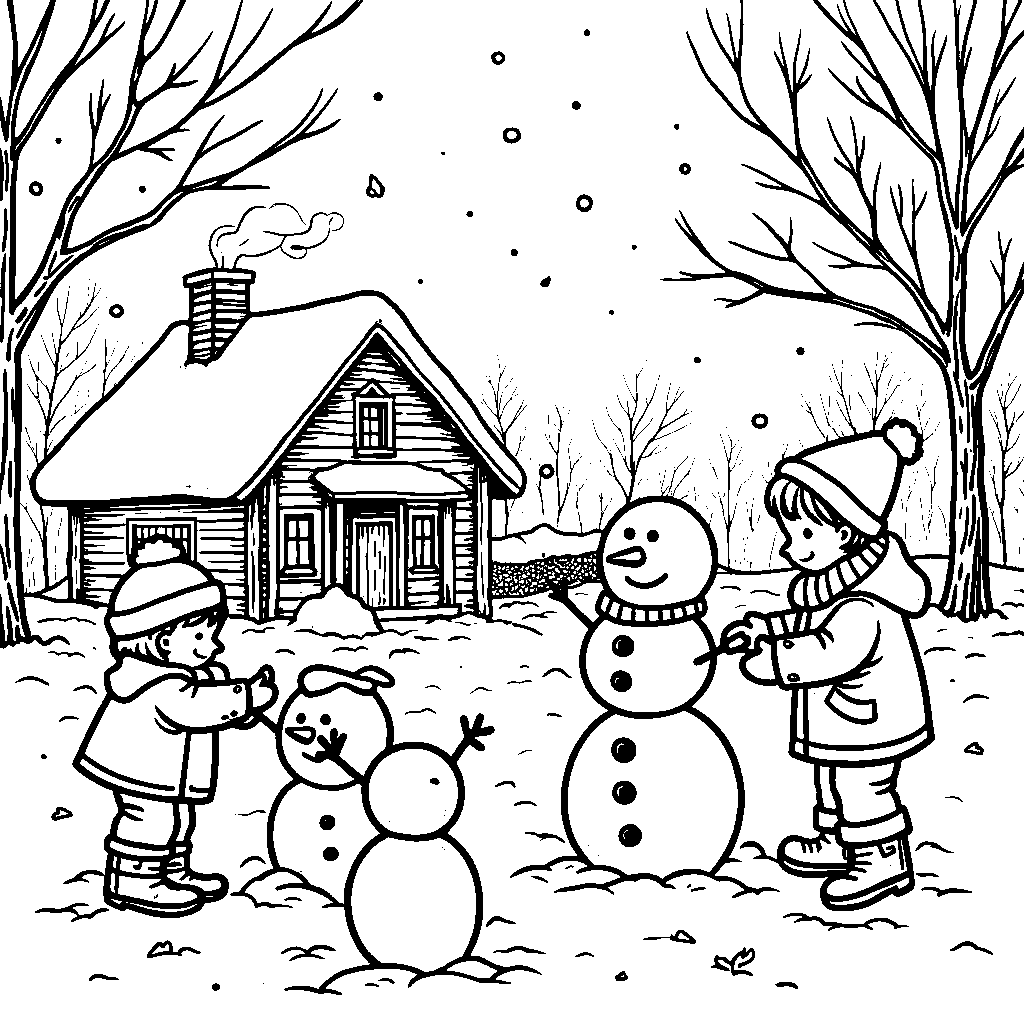 A cozy winter scene with three children making snowmen