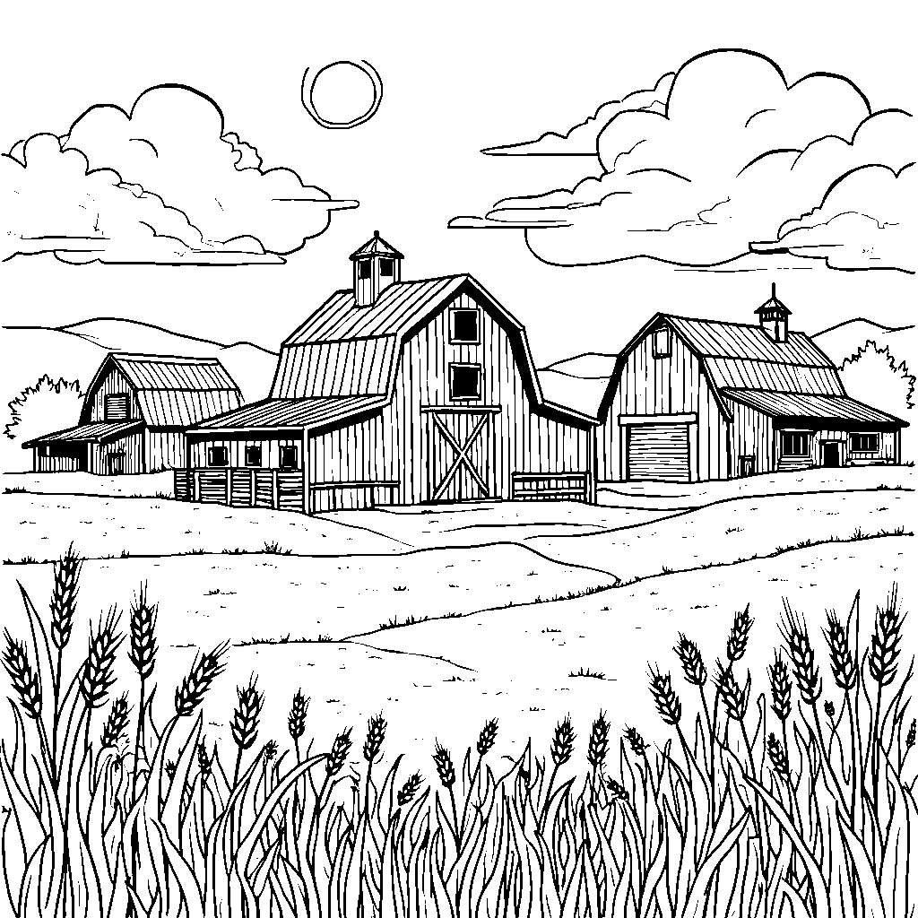 A farm-themed picture with three barns and fields