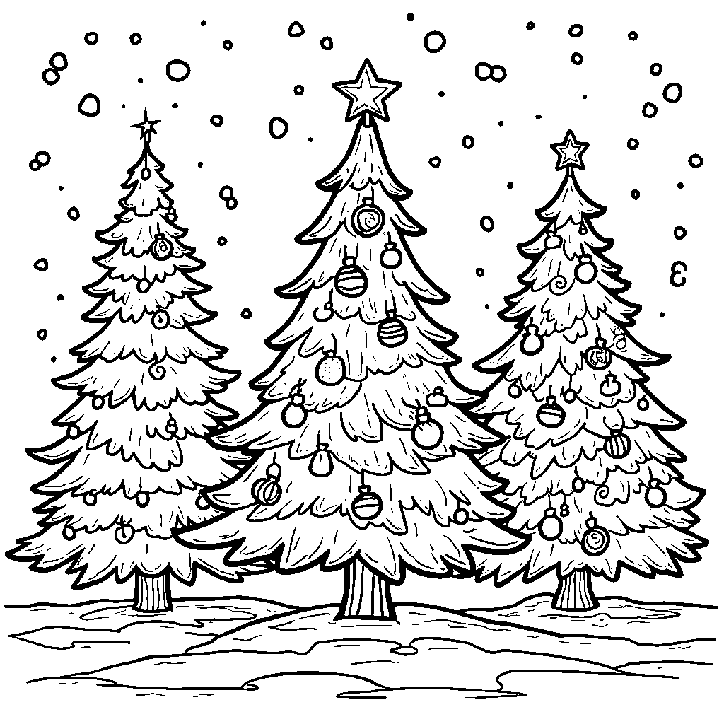 A festive holiday scene with three decorated trees