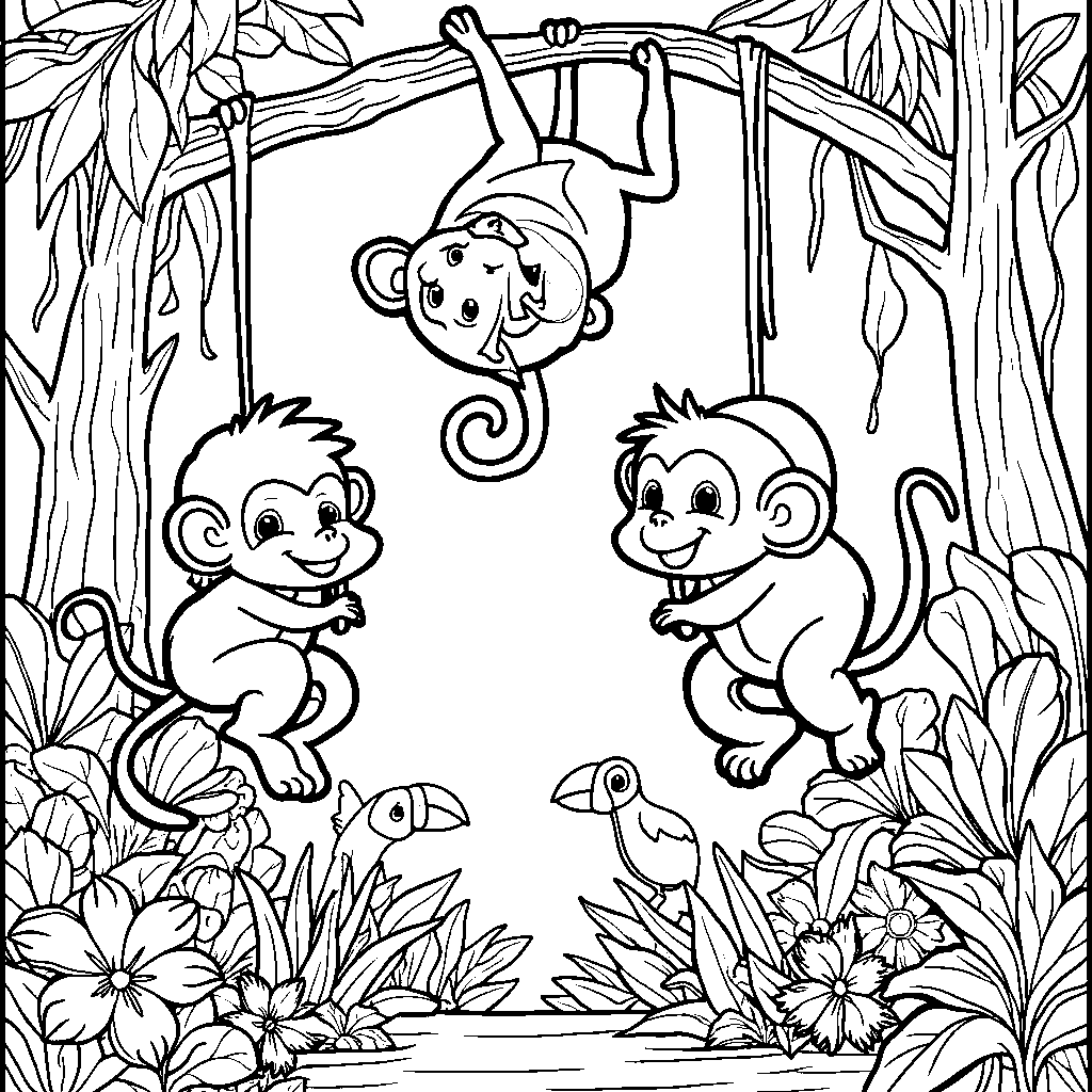 A fun jungle scene with three swinging monkeys