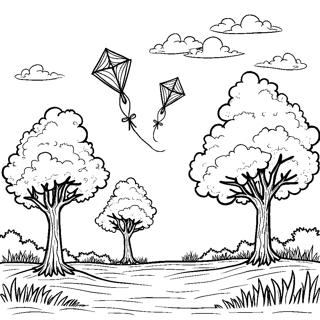 A fun scene with three trees in a park with kites flying.