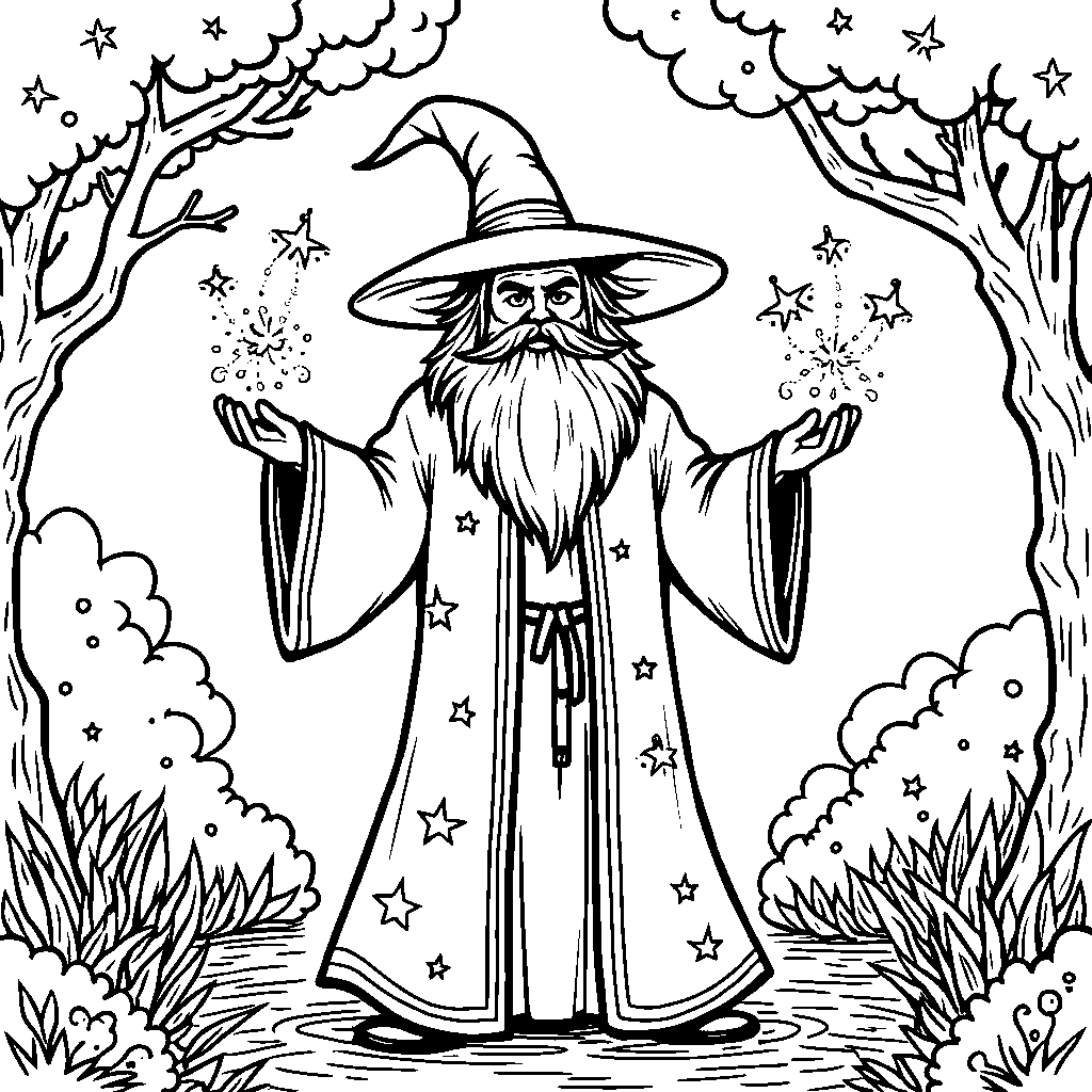 A magical wizard with three sparkling spells