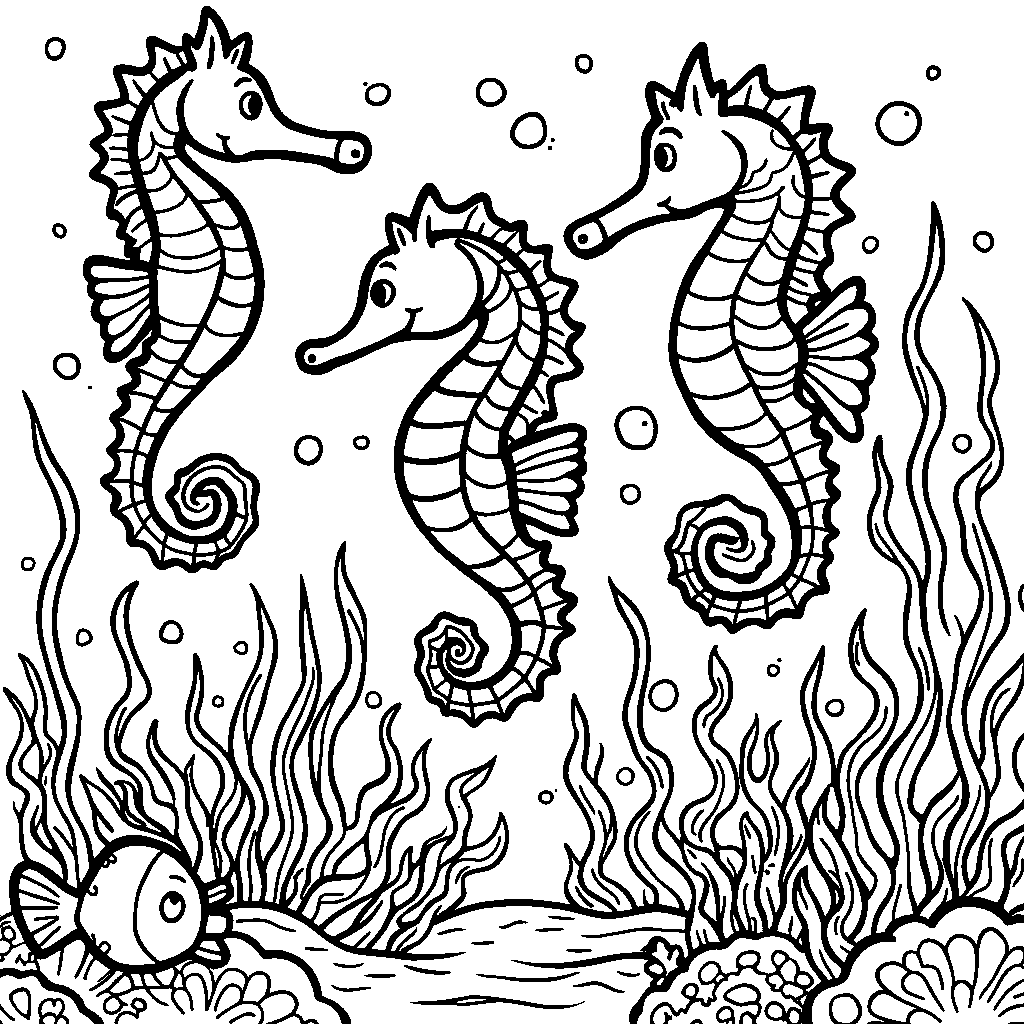 A playful ocean scene with three seahorses.