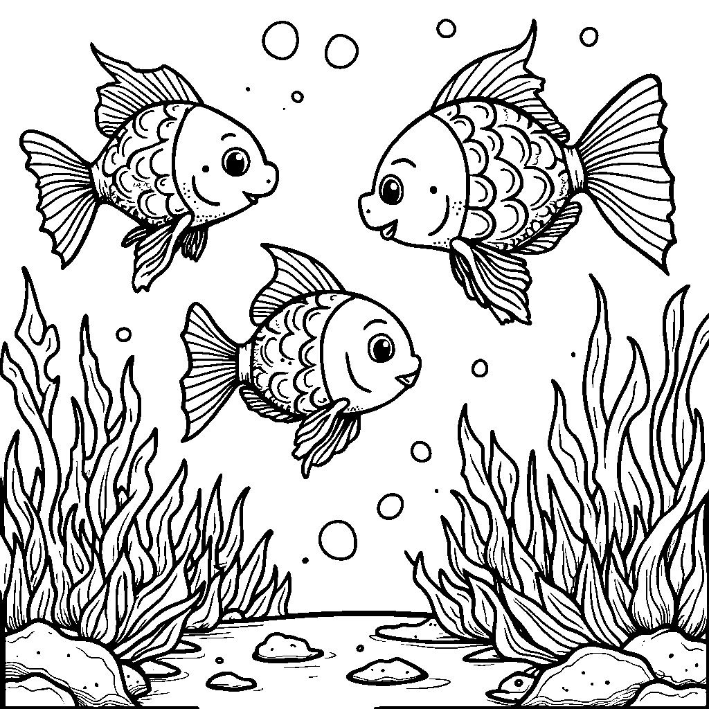 A playful underwater scene featuring three cheerful fish