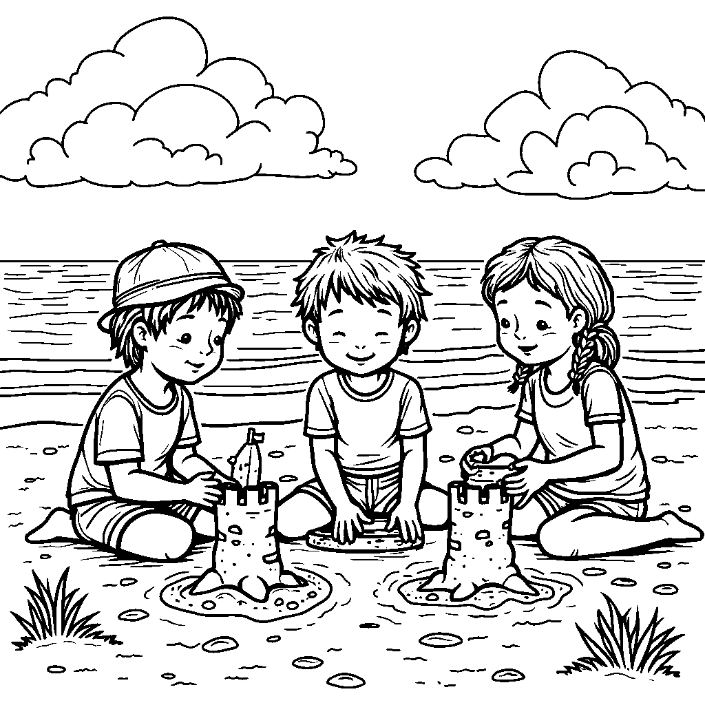 A scenic beach with three kids building sandcastles