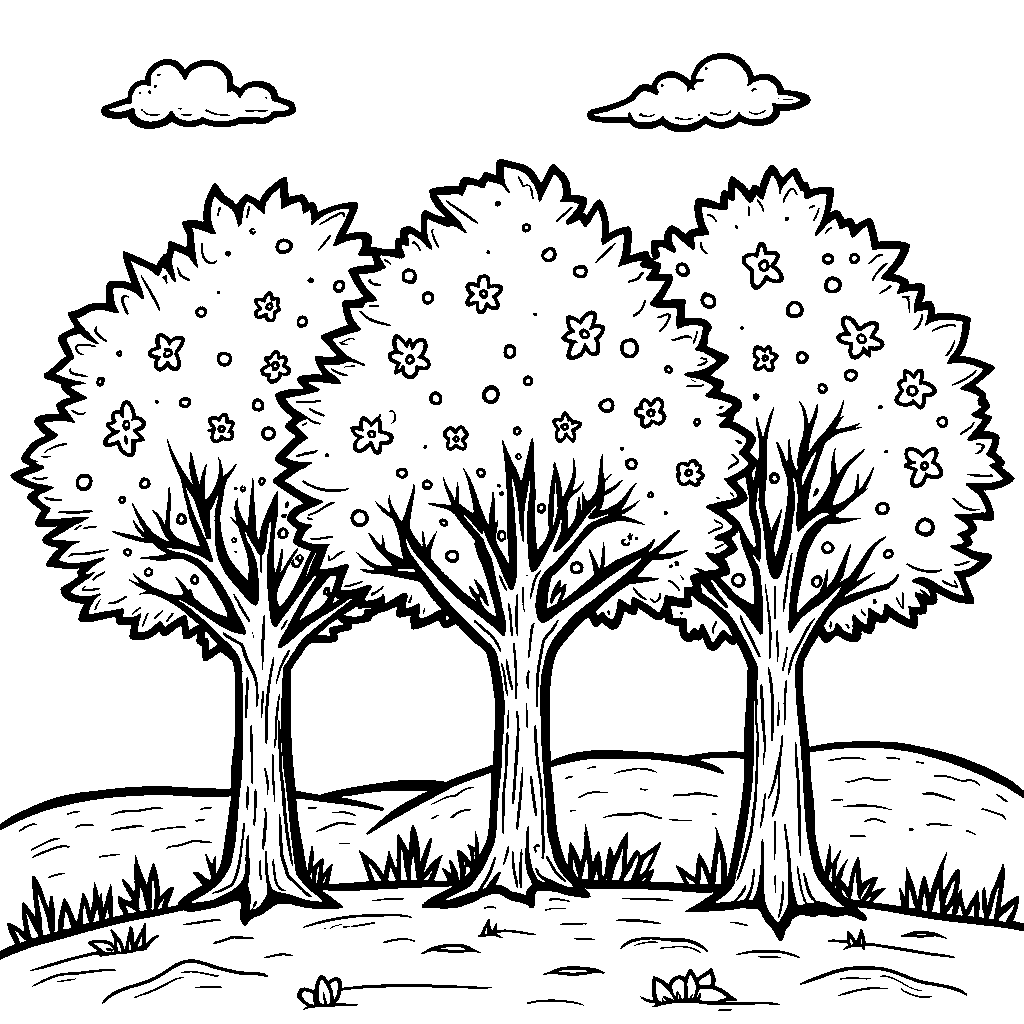 A seasonal scene with three distinct trees for spring, summer, and fall.