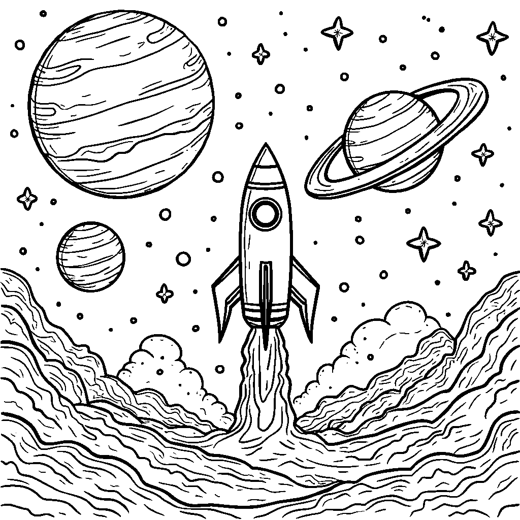 A space scene with three planets and a rocket ship