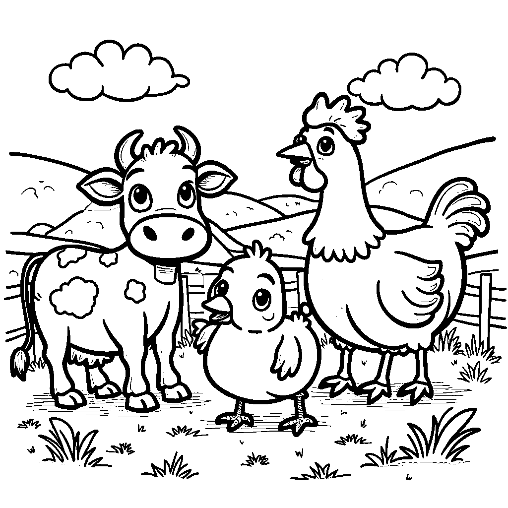 A vibrant farm with three animals: a cow, a pig, and a chicken.