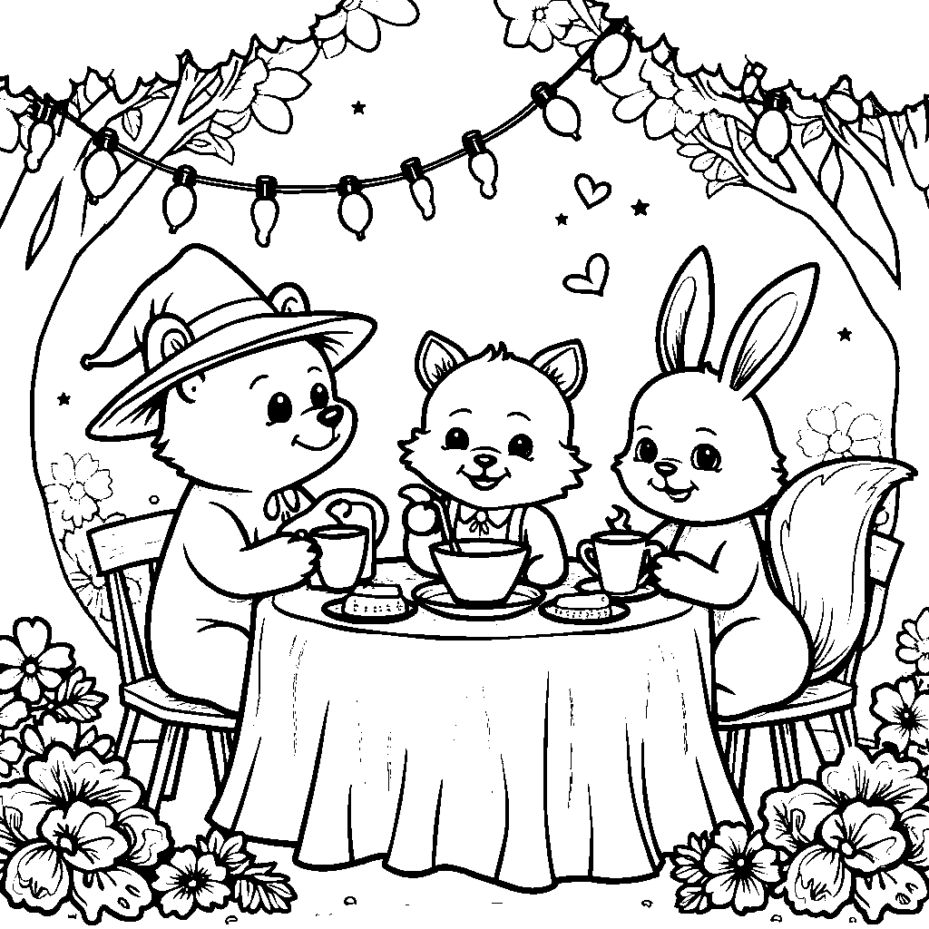 A whimsical tea party with three characters at a table