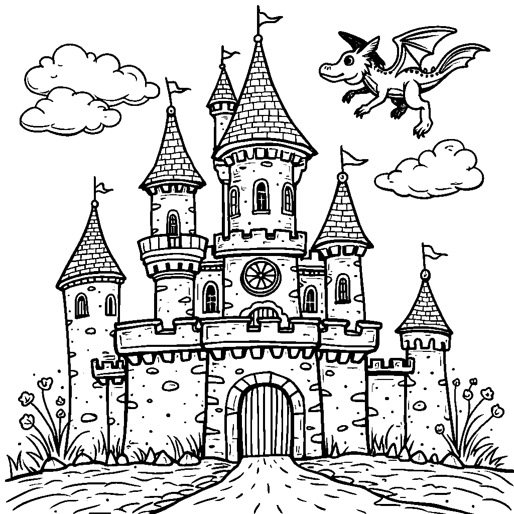 A whimsical castle with three towers and a dragon