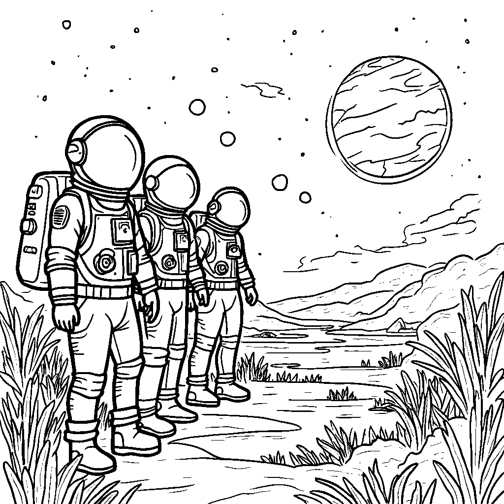 A space adventure with three astronauts exploring an alien planet.