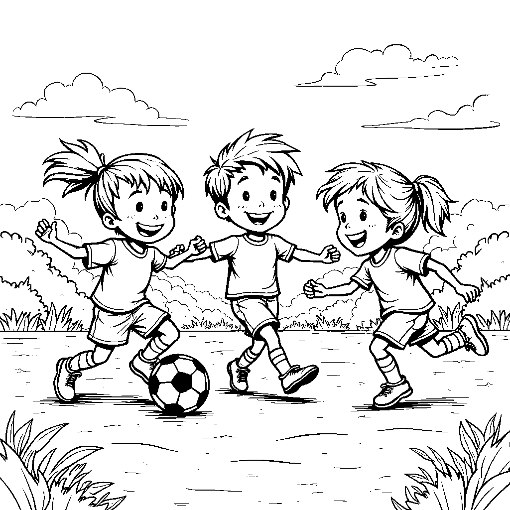 A sports scene with three kids playing soccer