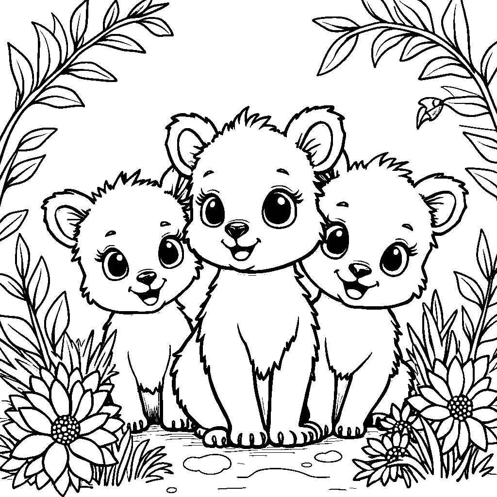 Three adorable baby animals peeking out from behind a bush.