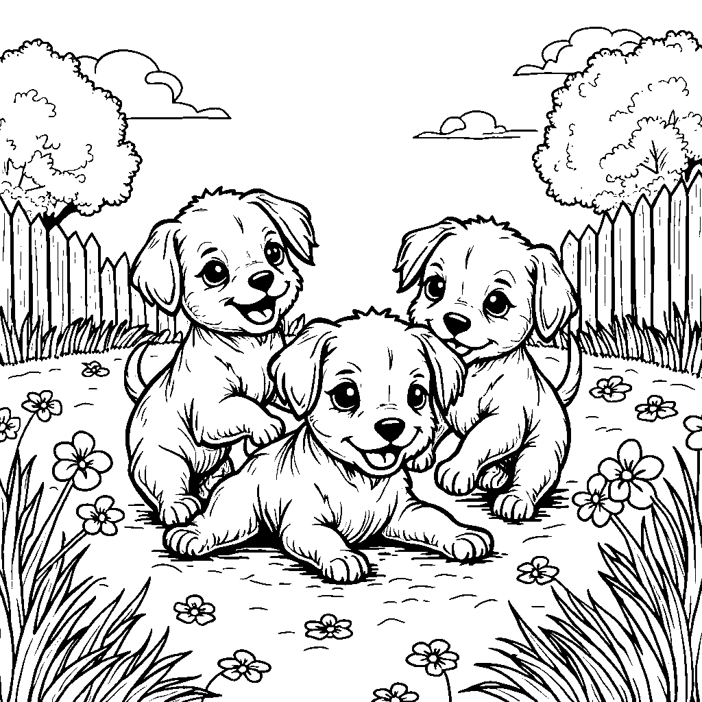 Three adorable puppies playing in a yard