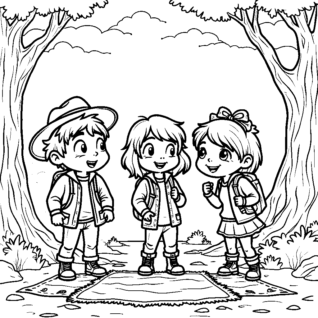 Three adventurous kids exploring a treasure map