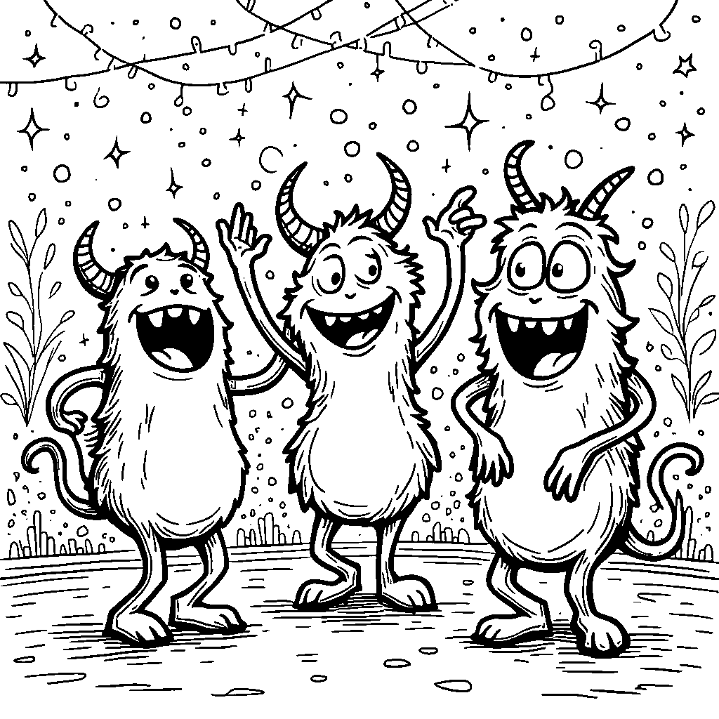 Three cartoon monsters having a dance party