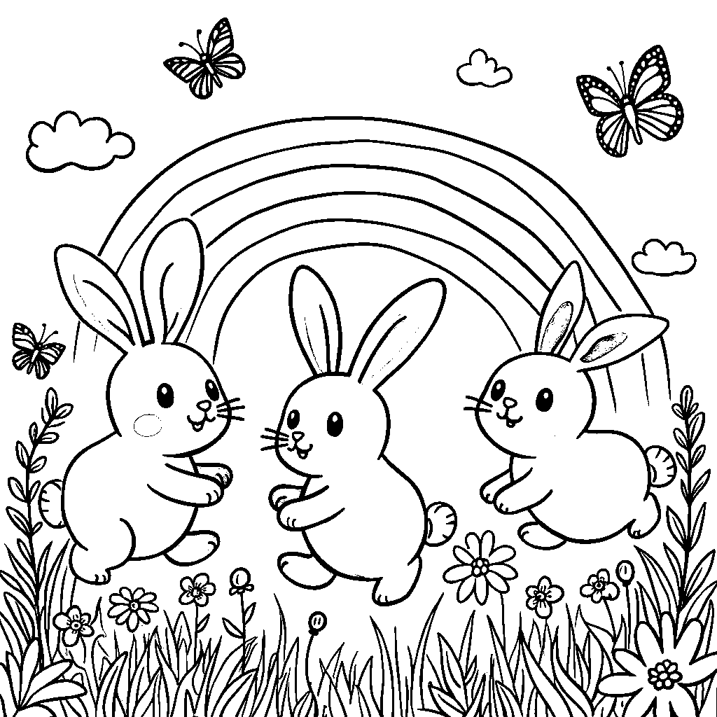 Three cartoon-style bunnies hopping under a rainbow